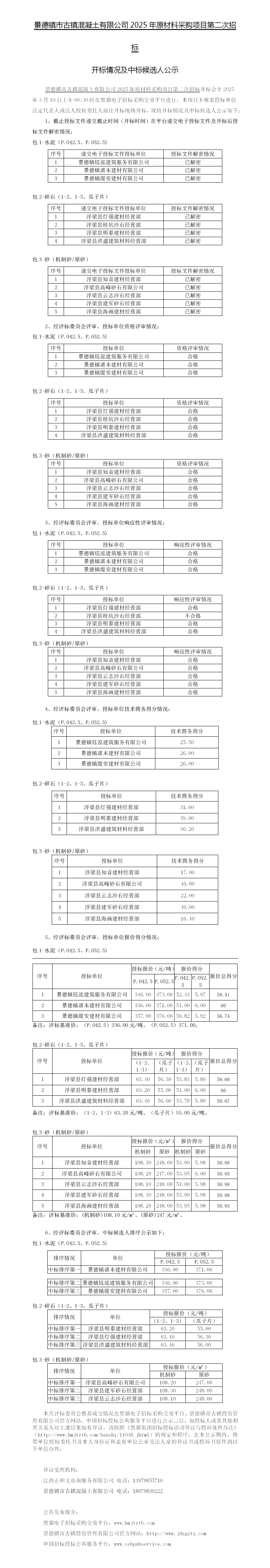 景德鎮(zhèn)市古鎮(zhèn)混凝土有限公司2025年原材料采購(gòu)項(xiàng)目第二次招標(biāo)開標(biāo)情況及中標(biāo)候選人公示